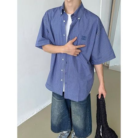 Men's Blue Plaid Shirt Short-Sleeved Top