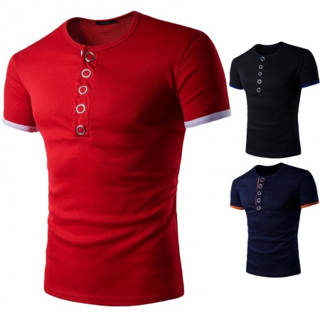 Fall and Winter New Men's Personality Big Press Button Hit Color Short-Sleeved Bottoming T-Shirt Casual Shirt Hot Sale