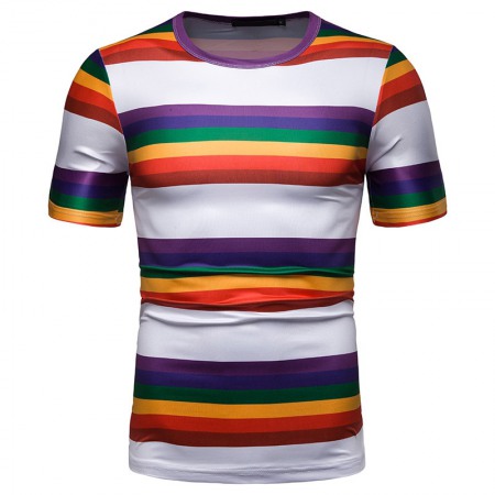 New Summer Men's Short-Sleeved T-Shirt Contrast Striped Slim Casual T-Shirt